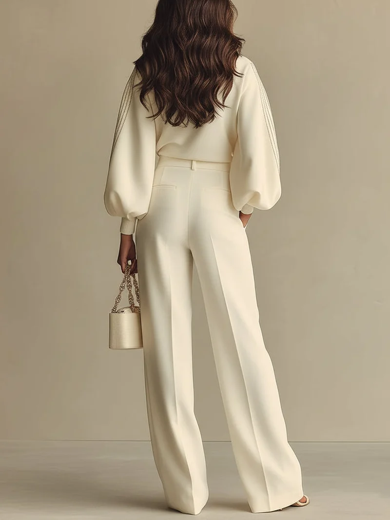 Isa | Ivory Crew Neck Top und Hochtaillierte Weite Hose Set