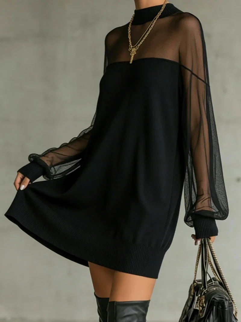 Daisy | Schwarzes Mesh-Ärmels High-Neck Midi-Kleid