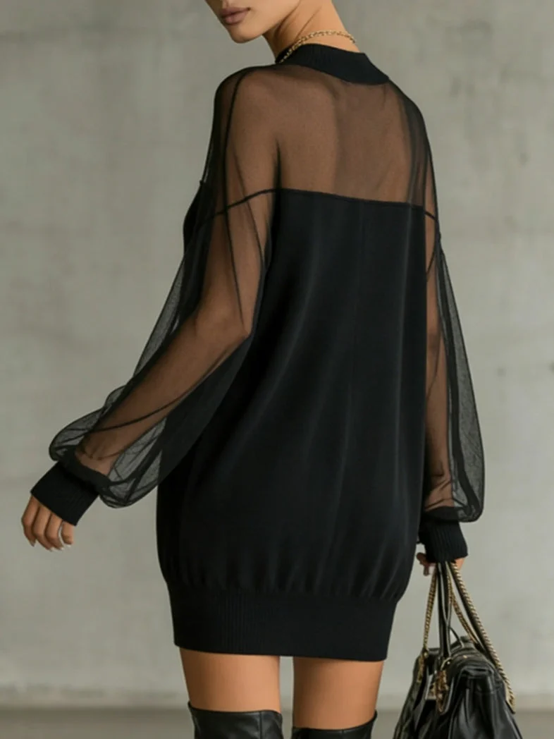 Daisy | Schwarzes Mesh-Ärmels High-Neck Midi-Kleid