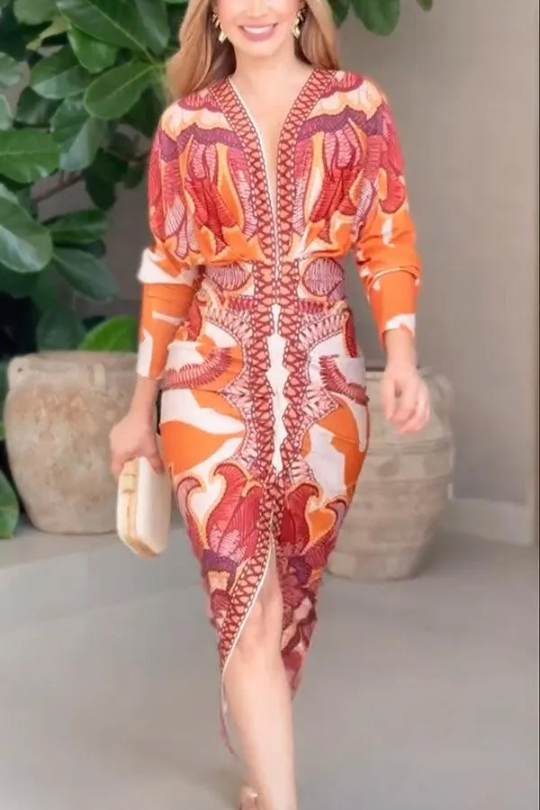 Eva | Sun Escape Einzigartiges Print Dolman Midi Kleid