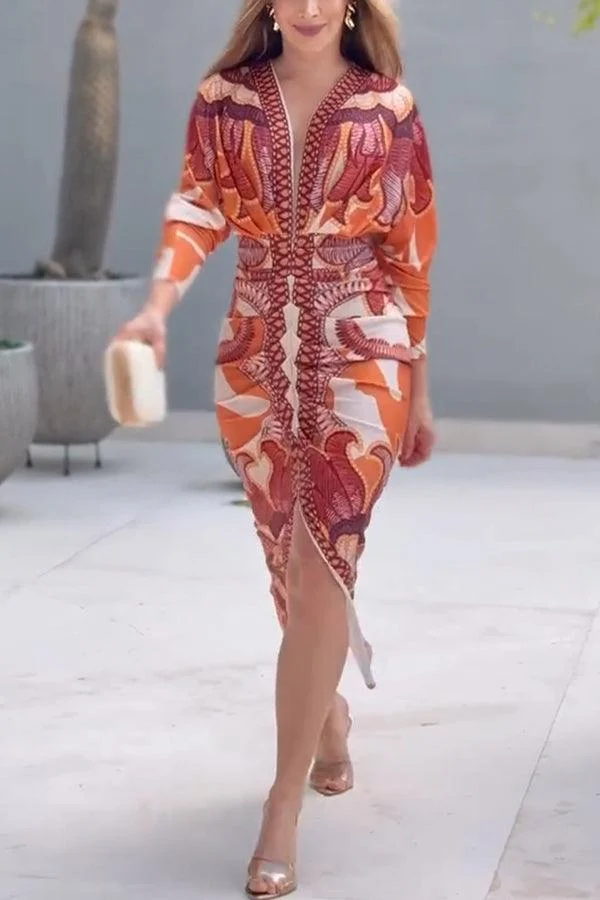 Eva | Sun Escape Einzigartiges Print Dolman Midi Kleid