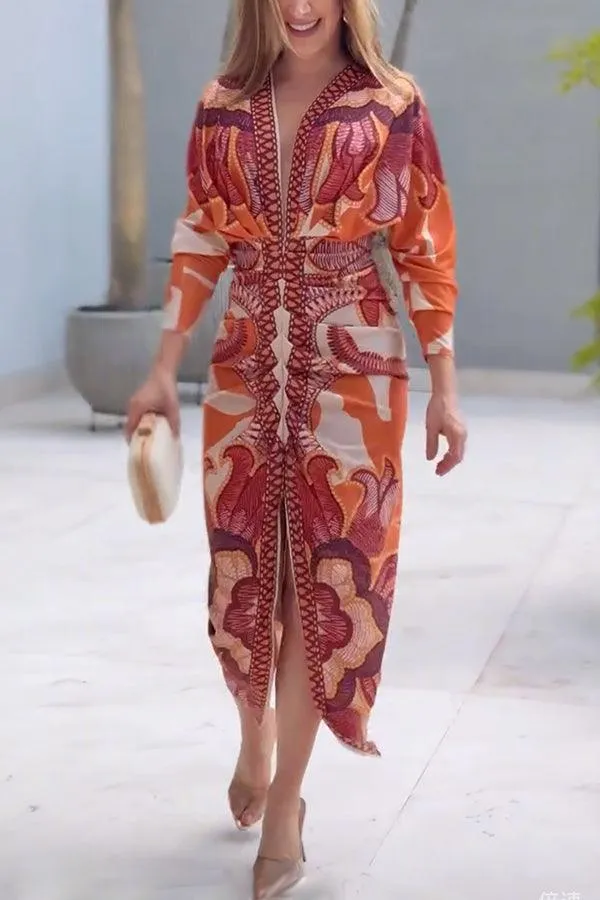 Eva | Sun Escape Einzigartiges Print Dolman Midi Kleid