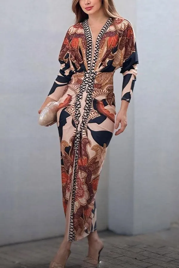 Eva | Sun Escape Einzigartiges Print Dolman Midi Kleid