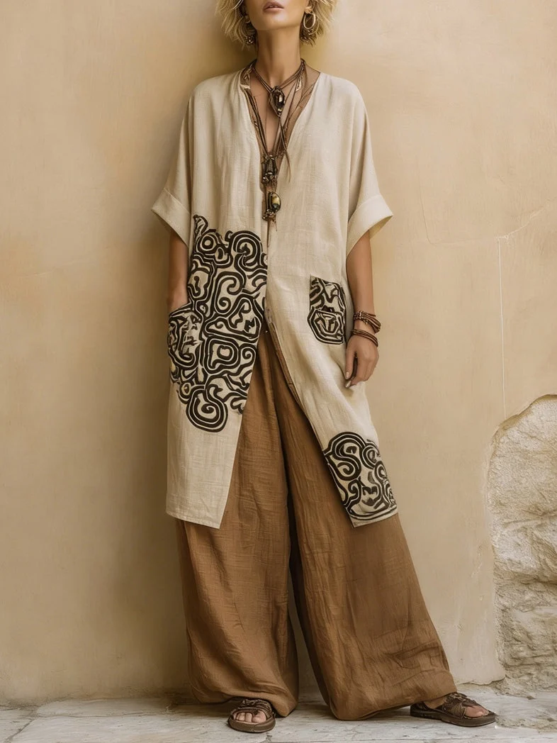 Sophie | Dunkelgrau & Braun Tribal-Print Drei-Teile-Set