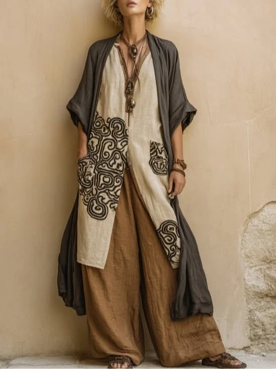 Sophie | Dunkelgrau & Braun Tribal-Print Drei-Teile-Set
