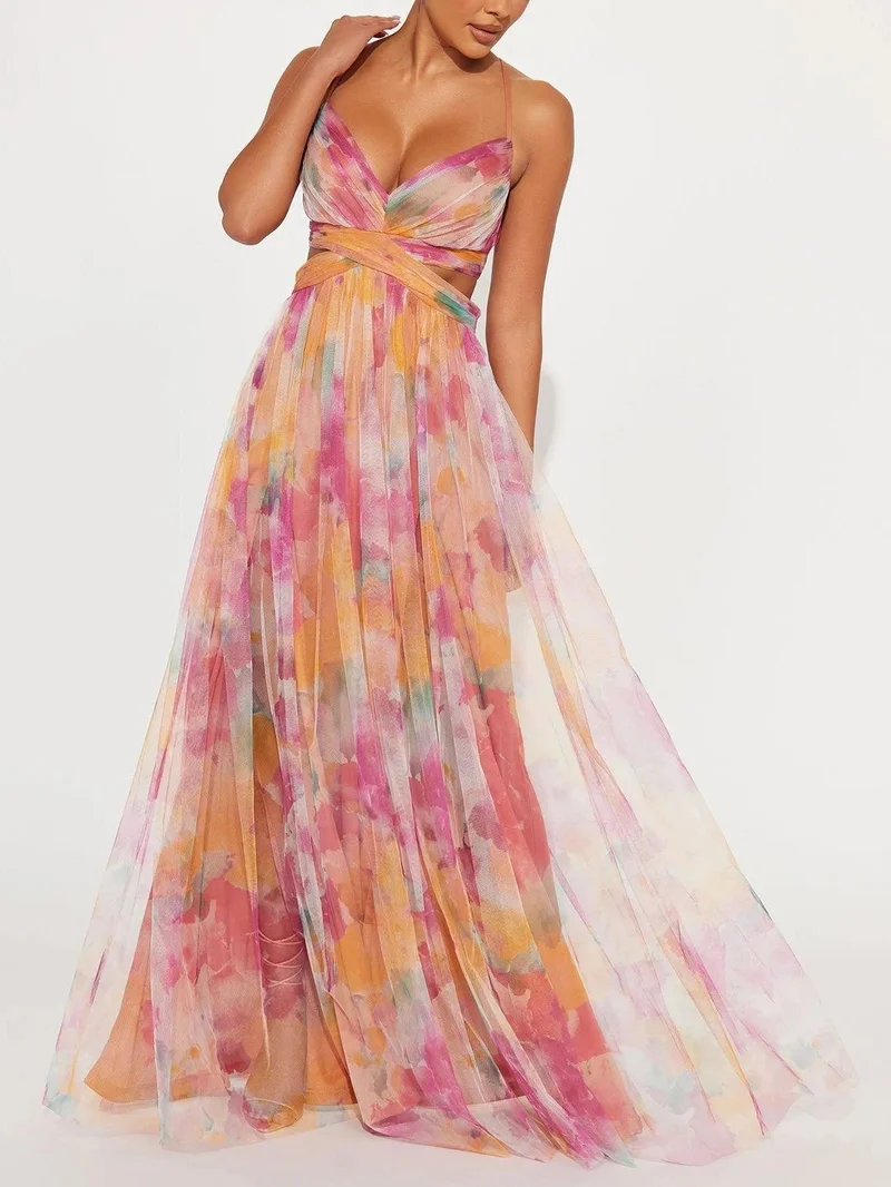 Karen | Gemaltes Blumenmuster V-Ausschnitt Maxikleid