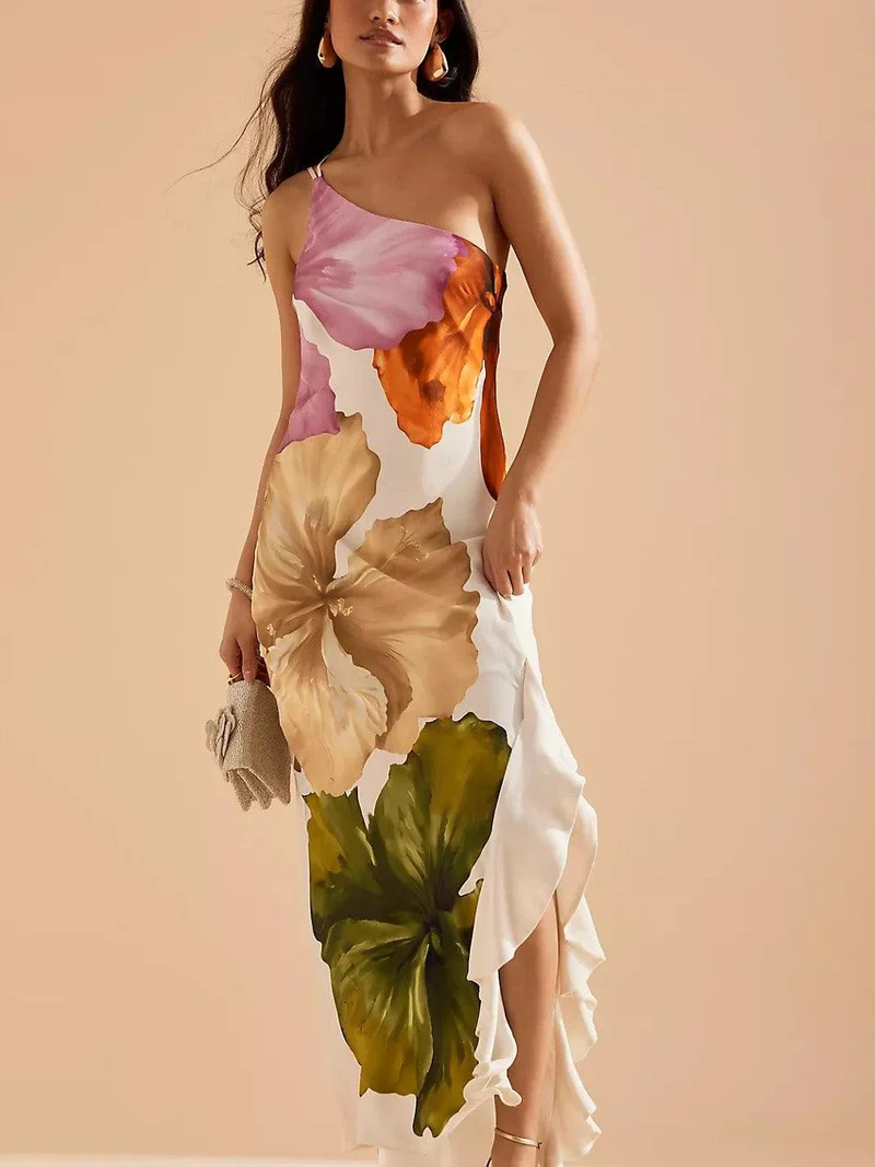 Kira | Resort Vibes Elegantes Floralprint Ein-Schulter Maxikleid
