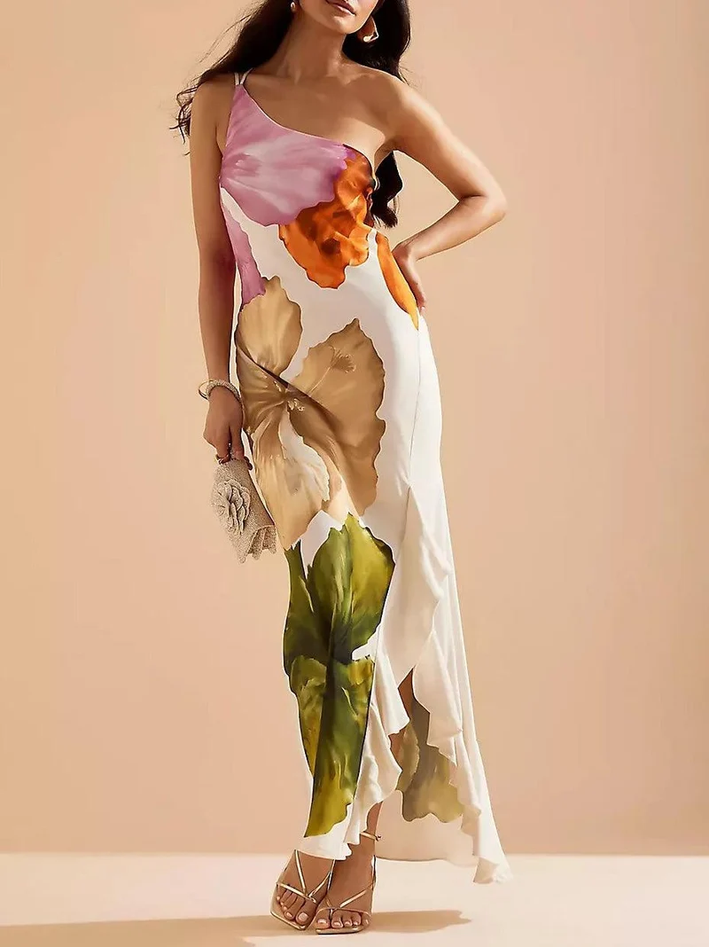 Kira | Resort Vibes Elegantes Floralprint Ein-Schulter Maxikleid