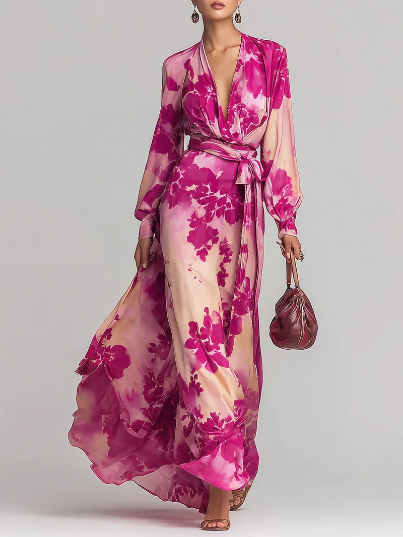 Julia | Rose Floral V-Neck Belted Maxi Dress