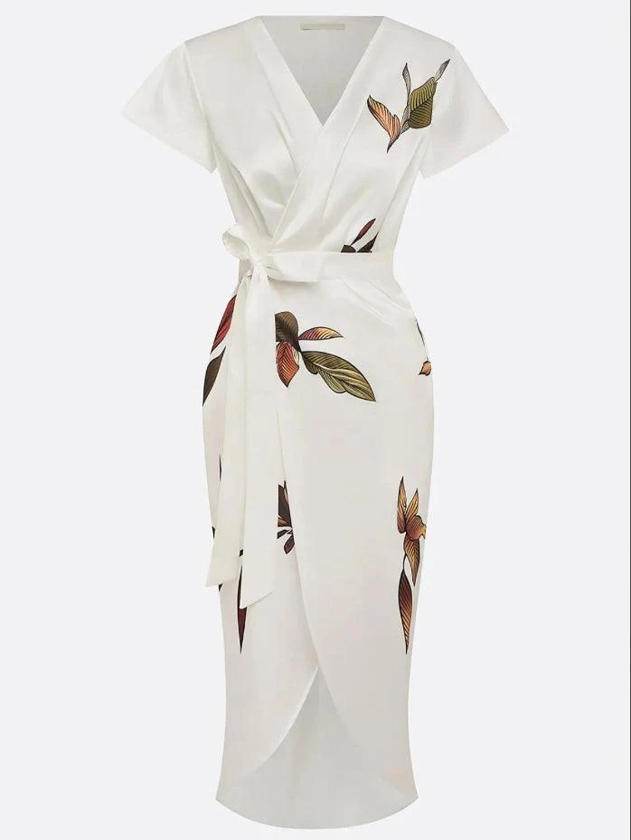 Judy | Weißes Leaf Kurzarm Satin Midi Kleid