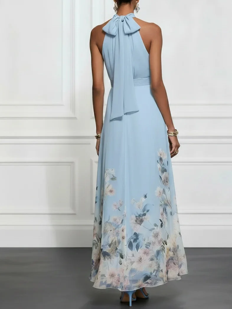 Rosalyn | Blaues Floral Chiffon Halter Maxikleid