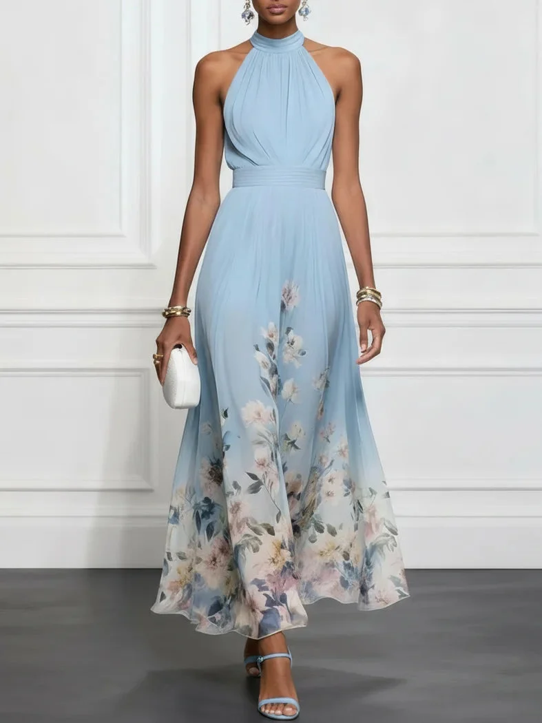Rosalyn | Blaues Floral Chiffon Halter Maxikleid