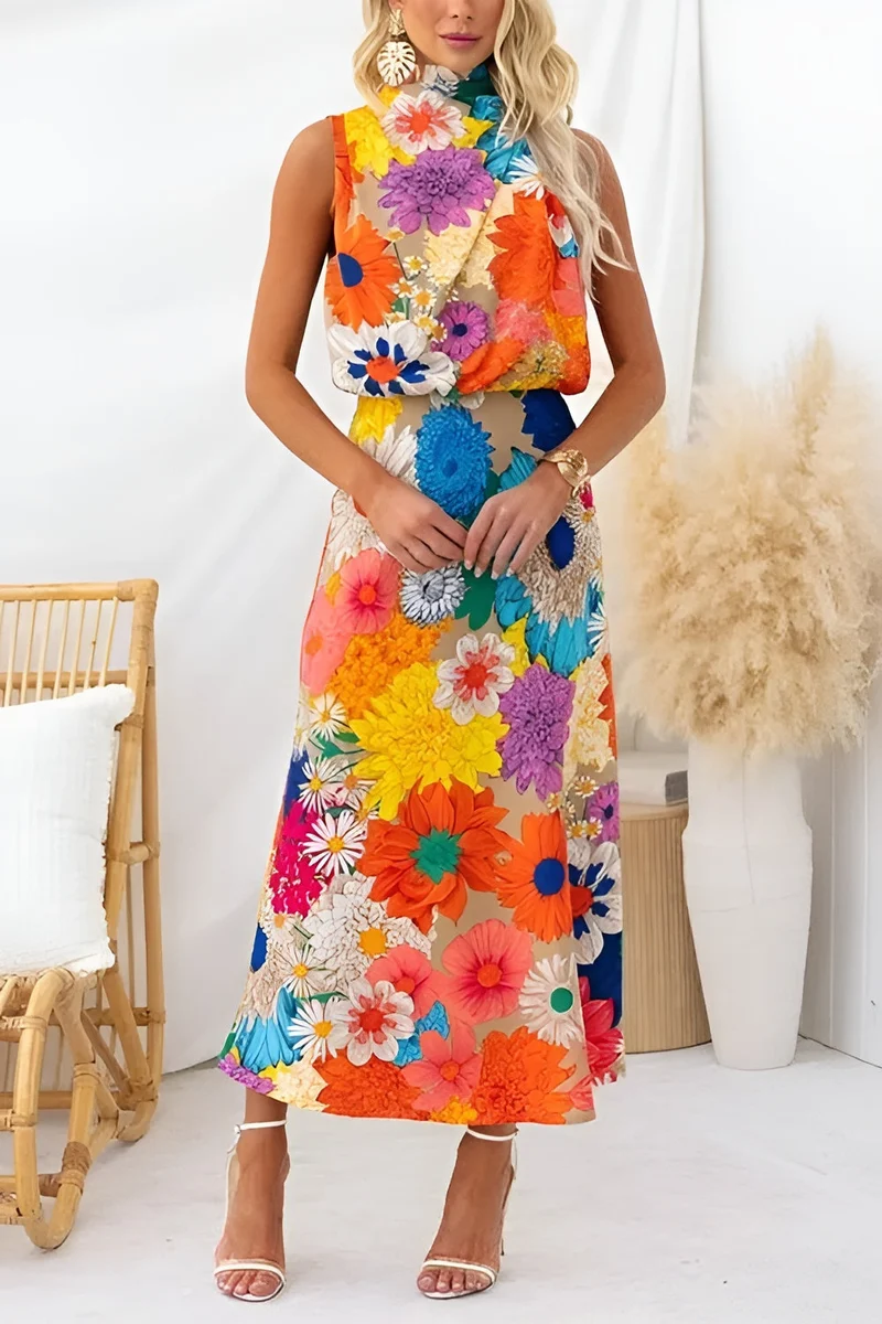 Sommer | Ärmelloses Maxikleid mit Bindeband und Blumenmuster