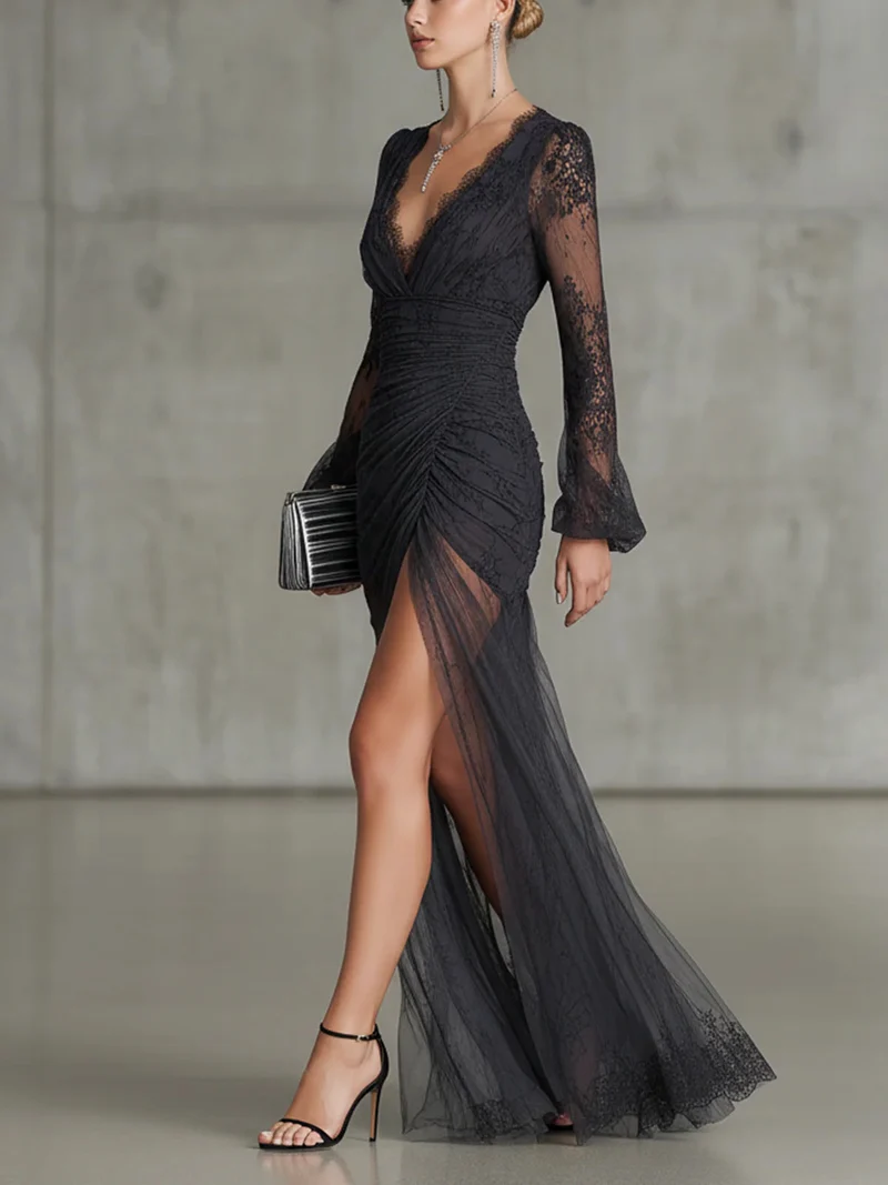 Sofia | Dunkelgraues Spitzen-Maxi-Kleid
