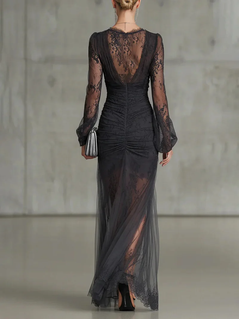 Sofia | Dunkelgraues Spitzen-Maxi-Kleid