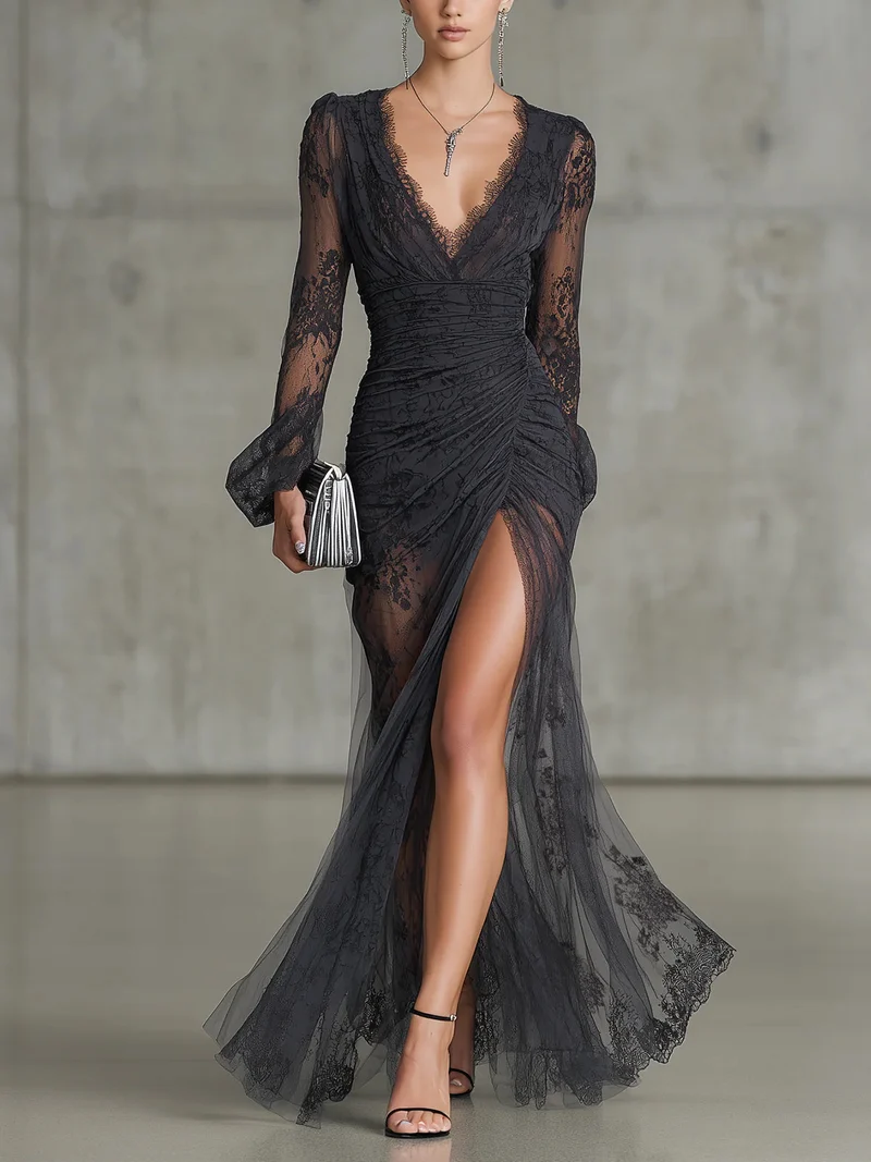Sofia | Dunkelgraues Spitzen-Maxi-Kleid