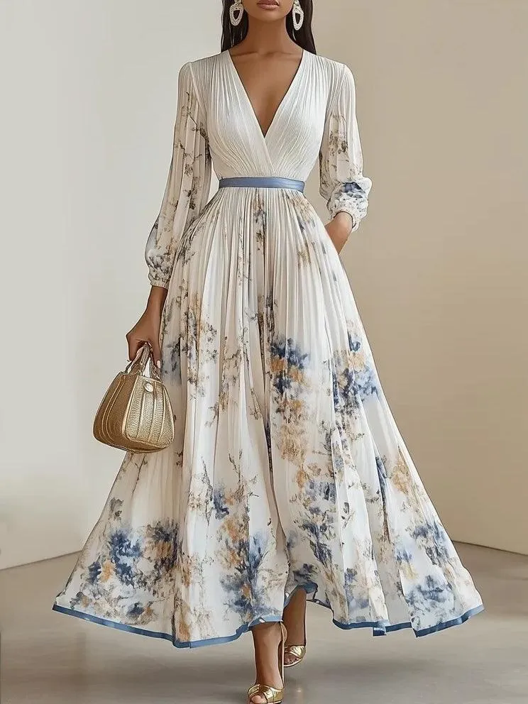 Amalia | Weißes Floral Chiffon Ballonärmel Maxikleid