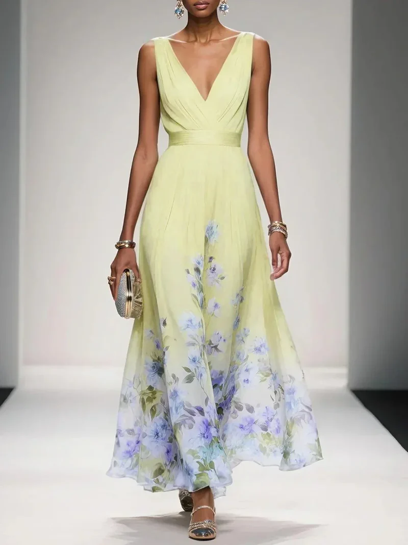 Rose | Hellblaues Floral Chiffon V-Ausschnitt Maxikleid