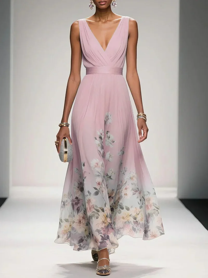 Rose | Hellblaues Floral Chiffon V-Ausschnitt Maxikleid