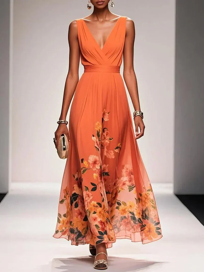 Rose | Hellblaues Floral Chiffon V-Ausschnitt Maxikleid