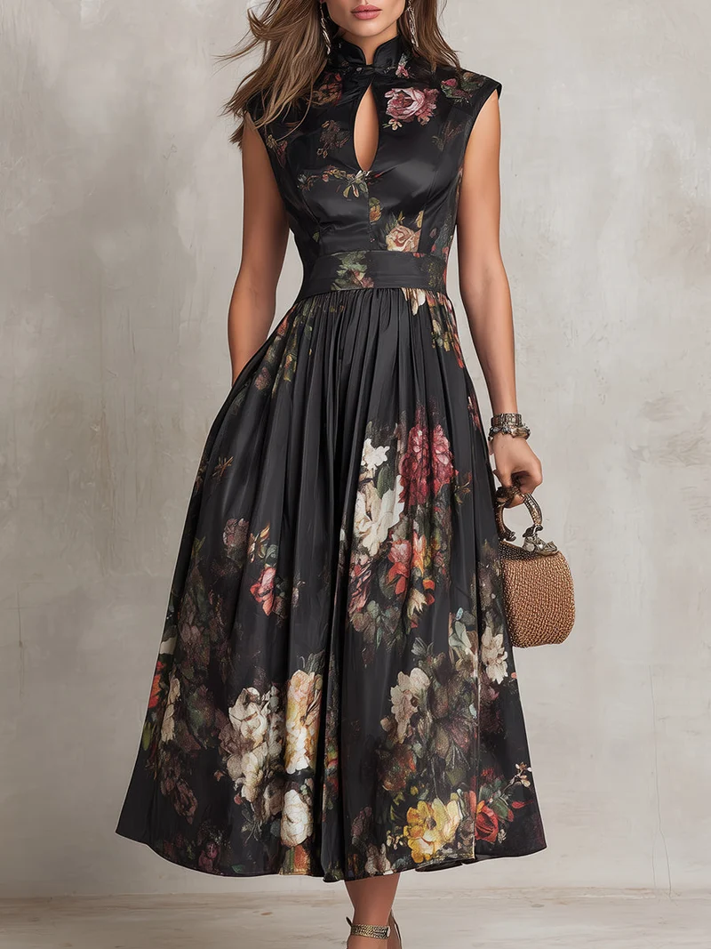 Patricia | Schwarzes Blumen Satin Falten Midi Kleid
