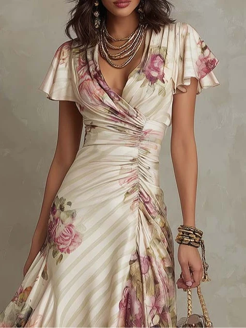 Margaret | Vintage Floral Satin Midi Kleid