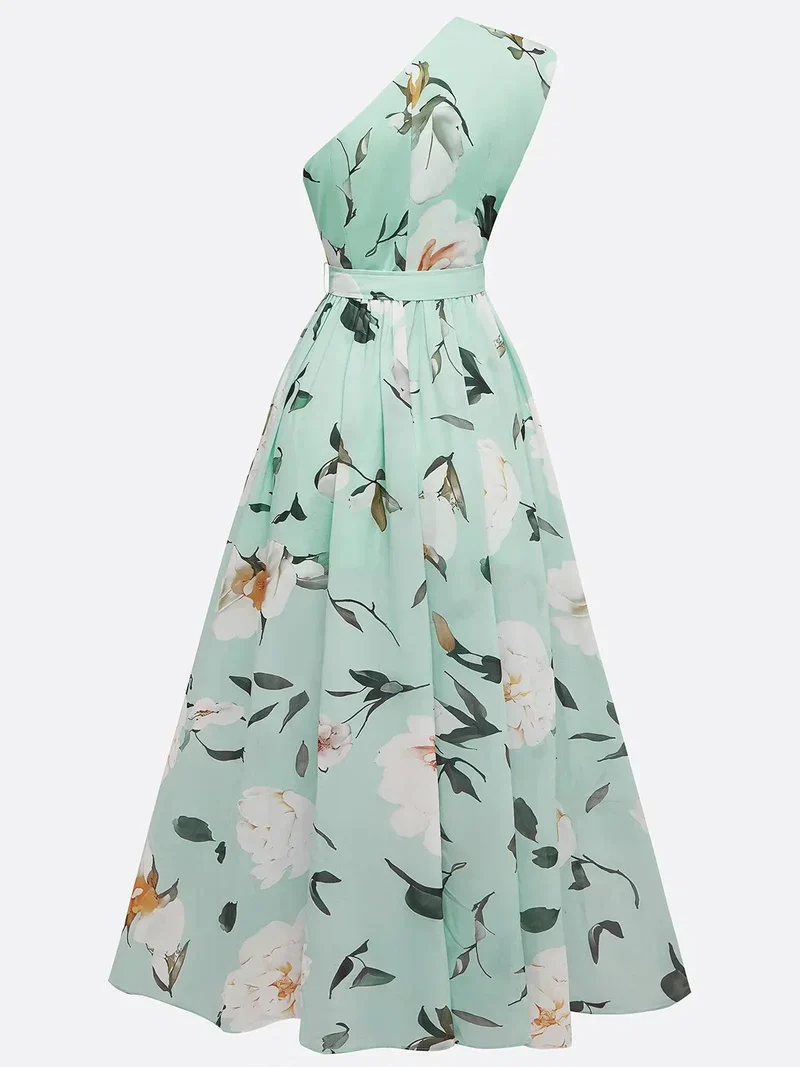 Julie | Hellgrünes Floral Chiffon Ein-Schulter Maxikleid