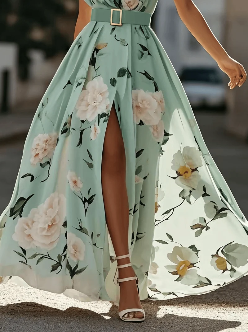 Julie | Hellgrünes Floral Chiffon Ein-Schulter Maxikleid