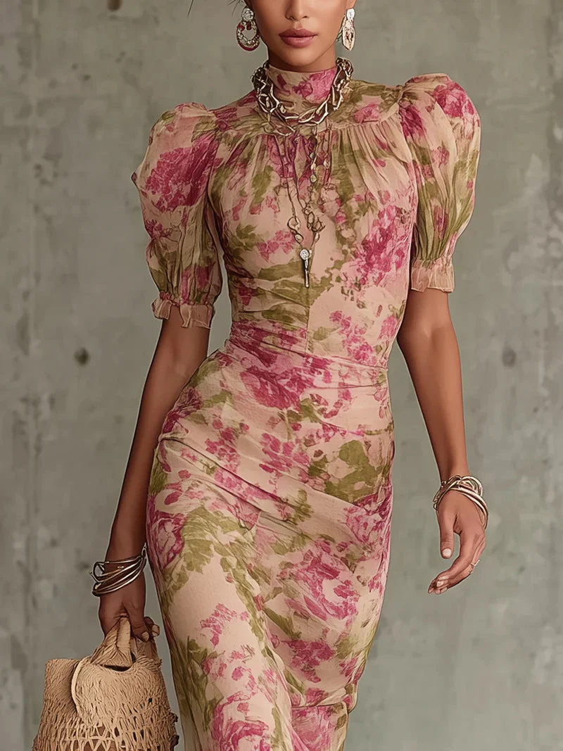 Mae | Vintage-Rosenmuster Puffärmel Maxikleid