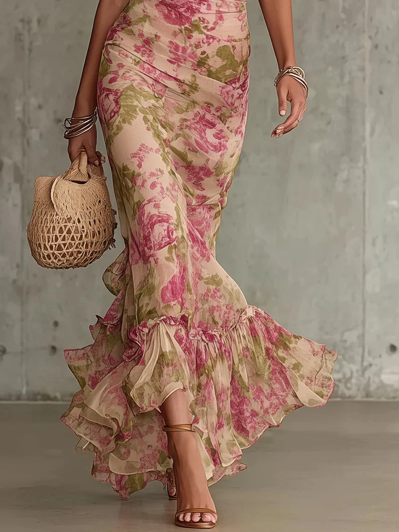 Mae | Vintage-Rosenmuster Puffärmel Maxikleid
